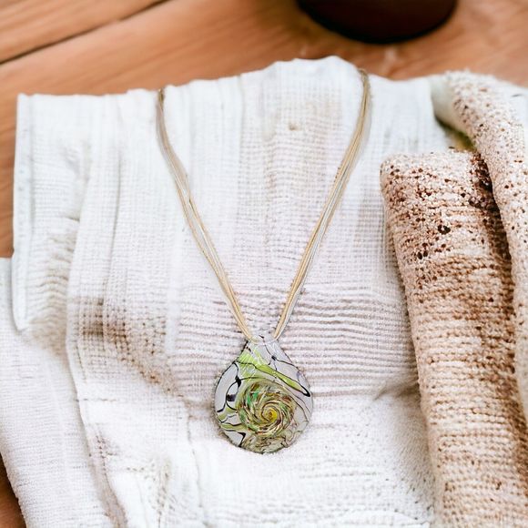 Art Glass Pendant Necklace Lamp Work Foil Swirl Green Copper Ribbon Cord Chain - Picture 10 of 10